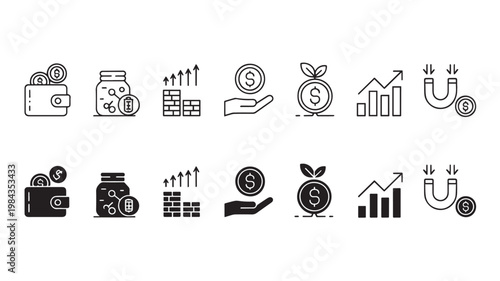 A set of 16 black and white icons arranged in two rows depicting various finance and business concepts.