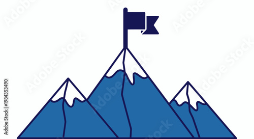 Snowy blue mountain peak with a flag at the summit against a clear sky and alpine scenery.