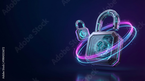 Futuristic padlock engulfed in vibrant neon energy stream.