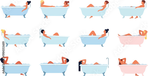 People Taking Bath Set with Men and Women Relaxing in Bathtub Hygiene Routine Personal Care Bathroom Scenes Flat Vector Illustration Collection