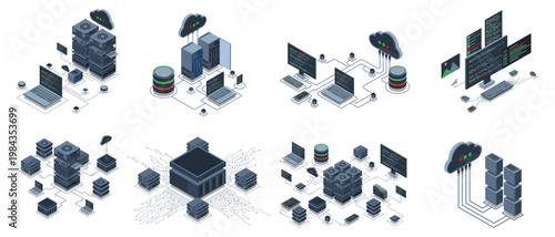 Set of isometric modern technology concept for cloud computing, Datacenter, Database, artificial intelligence, and blockchain technology. Isometric technology