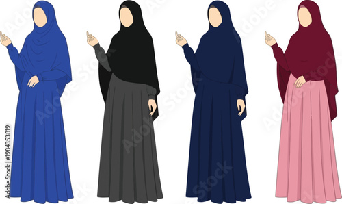 Muslim Women Wearing Hijab and Abaya Collection with Different Color Outfits Modest Fashion Islamic Clothing Flat Vector Illustration Set