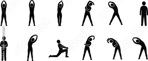Silhouette icons of people stretching and exercising to demonstrate flexibility and fitness