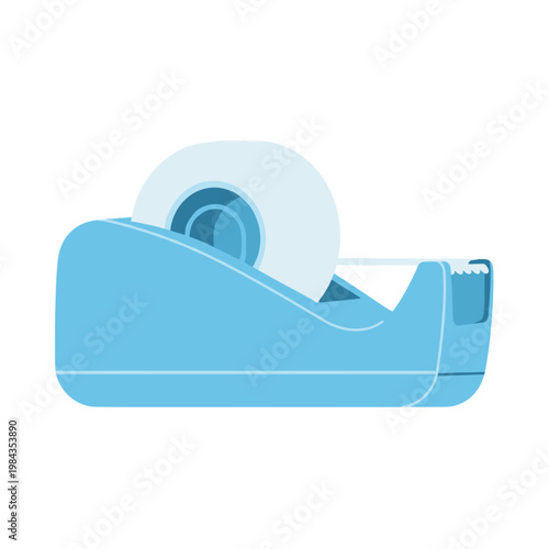 Blue tape dispenser with clear tape roll on white background office supply