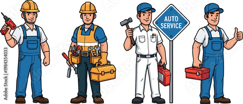 Auto Mechanic Vector Set with Workers in Uniform, Tools, and Service Signs for Construction, Repair, and Service Illustrations