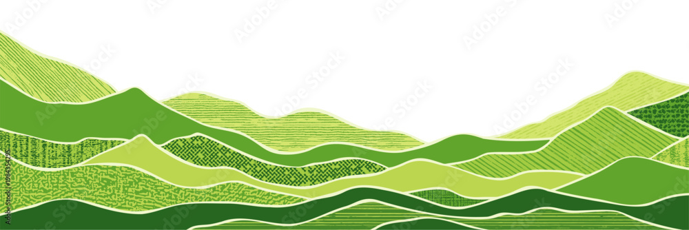 Fototapeta premium Summer spring meadows and hills isolated on a white background, stylization with different textures, vector illustration