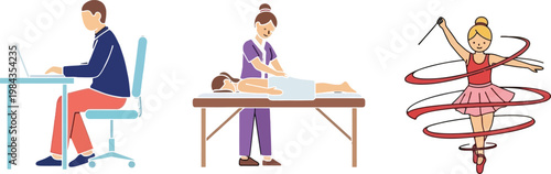 People Activities Set with Man Working on Laptop Massage Therapy Session and Rhythmic Gymnastics Performance Healthy Lifestyle Flat Vector Illustration