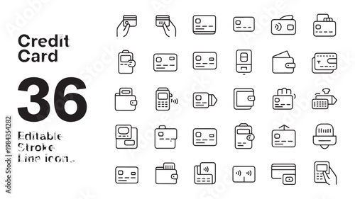 A set of thirty-six black and white credit card illustrations and icons on a plain background