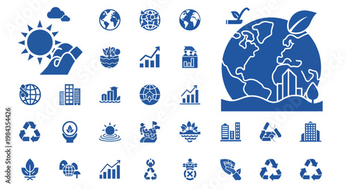 Collection of blue environmental icons illustrating sustainability, nature, and Earth's assets in vector style.