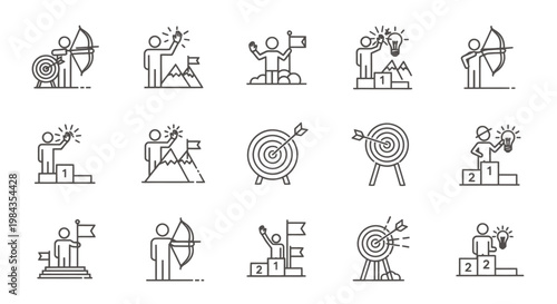 Set of line art icons depicting teamwork, planning, celebration, and activity scenes in a minimalist style for graphic resources.