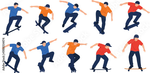 Skateboarding Tricks Collection with Young Man Performing Jumps and Stunts Urban Street Sport Action Poses Flat Vector Illustration Set