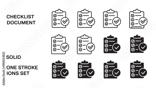 A graphic illustration set of clipboard icons with checkmarks in various styles