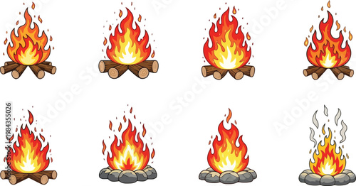 Campfire Flame Collection with Burning Firewood Logs and Stone Fire Pit Variations Outdoor Camping Bonfire Elements Flat Vector Illustration Set