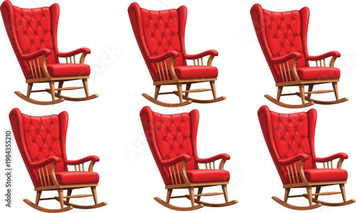 Red Rocking Chair Set with Multiple Angles Upholstered Armchair Wooden Frame Classic Vintage Furniture Collection Isolated Flat Vector Illustration