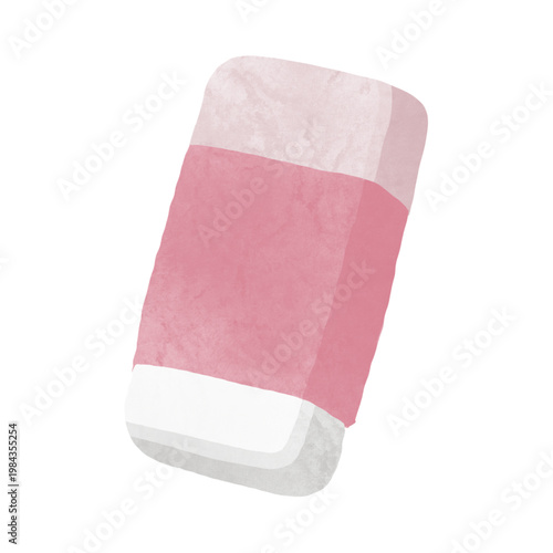 Pink and white eraser with three color sections on white background for school or office use