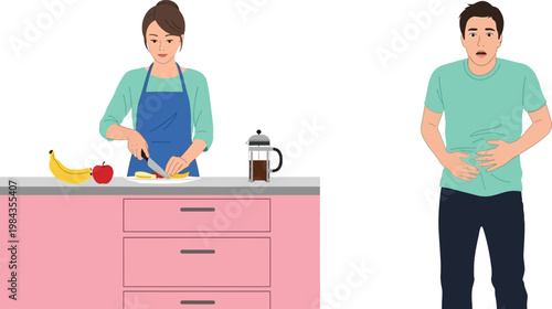 Food Preparation and Stomach Pain Concept with Woman Cooking Healthy Meal and Man Holding Belly Digestive Problem Flat Vector Illustration