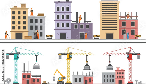 Construction Site and Building Process Set with Workers Cranes and Urban Architecture Development Scenes City Infrastructure Flat Vector Illustration Collection