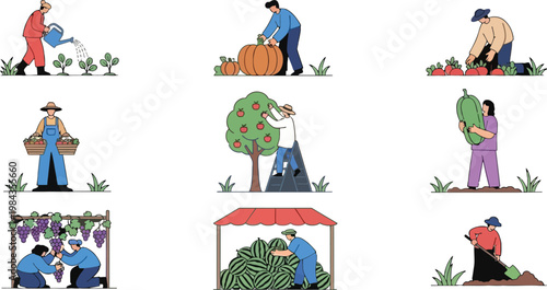 Farmers Harvesting Crops Activities Set with Watering Plants Picking Fruits Carrying Vegetables and Working in Vineyard Agriculture Flat Vector Illustration