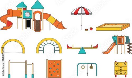 Kids Playground Equipment Set with Slides Swings Seesaw Sandbox Climbing Wall and Outdoor Play Structures Colorful Flat Vector Illustration Collection