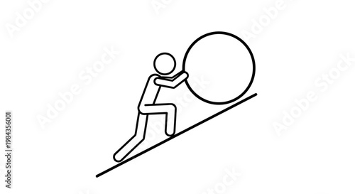 Minimalist line drawing of a figure pushing a large ball uphill on a slope.