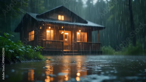 Cozy wooden cabin in the forest during heavy rain at night, warm interior lights, rain splashing on ground with bokeh background
