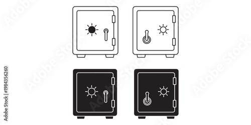 Collection of black and white safe icons with sun and thermometer symbols