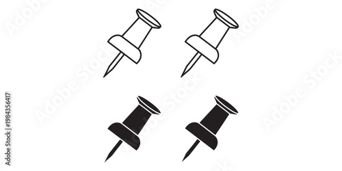 Four black and white push pin icons in different styles and orientations