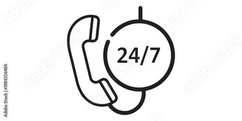 Black line icon of a phone with a clock showing 247 service