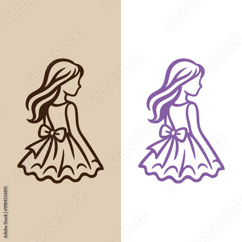 Logotipo de boutique de moda infantil. Dibujo minimalista con líneas de una niña de espaldas con un vestido adornado con un nudo de lazo
