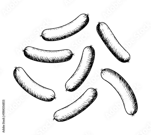 Hand drawn of uncooked sausages arranged in a scattered pattern a white background