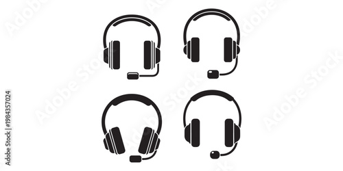 Four black icons of headsets with microphones on white background