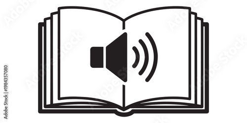 Black line icon of an open book with a speaker on a white background