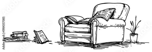 Cozy armchair with books and plant vector sketch, Interior furniture reading nook home library corner, Hand drawn comfortable seat relaxation concept