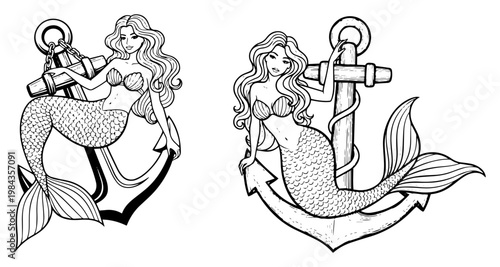 Mermaid with anchor vector illustration, Nautical sea siren sitting on ship anchor, Hand drawn mythical creature ocean theme line art