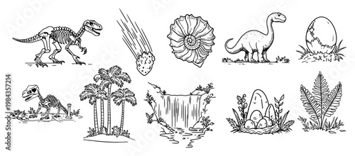 Prehistoric dinosaur and fossil icons set vector, Hand drawn jurassic period elements with skeleton egg and ammonite, Vintage science and nature collection