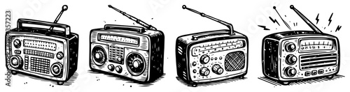 Retro radio sets vector illustration, Hand drawn vintage transistor radios collection, Antique music and broadcasting equipment sketch
