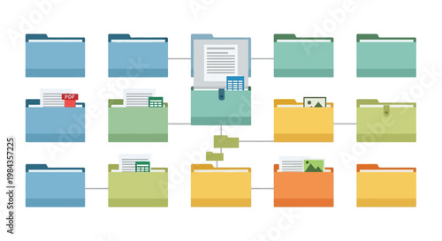 A network of colorful folders and documents visually represents data organization and workflow depicted as a silhouette high quality professional detailed