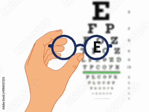 Hand holding glasses in front of blurred Snellen eye chart