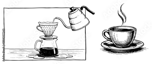 Pour over coffee brewing vector illustration, Hand drawn gooseneck kettle and steaming coffee cup, Vintage café sketch for specialty coffee shop