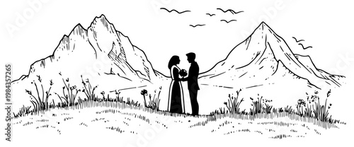 Wedding couple in mountains landscape vector, Hand drawn romantic bride and groom in nature scenery, Vintage adventure wedding sketch