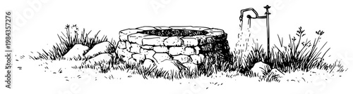 Old stone water well vector illustration, Hand drawn rustic countryside landscape with water source and rocks, Vintage farm scenery sketch