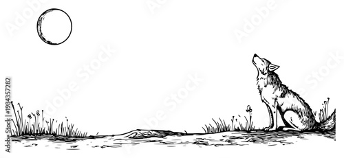 Wolf howling at the full moon vector illustration, Hand drawn wild coyote in night landscape, Vintage engraving wildlife scenery