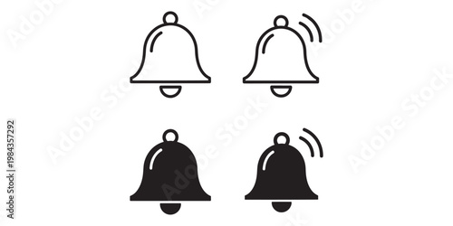 Set of bell icons in different styles and states on white background