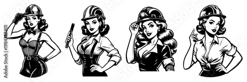 Retro construction woman with hard hat vector set, Vintage pin-up female builder icons collection, Hand drawn industry worker lady