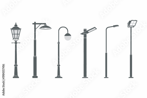 Street lamp silhouettes set with modern and vintage lighting icons