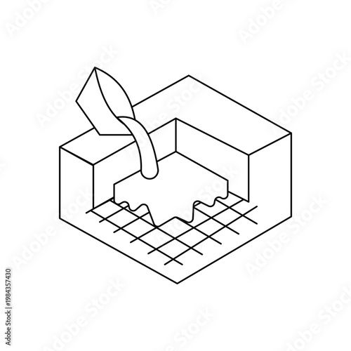 Manual pouring of fresh concrete into floor mold with wire mesh reinforcement for construction.Editable stroke, Vector illustration, Line art Icon, Symbols.