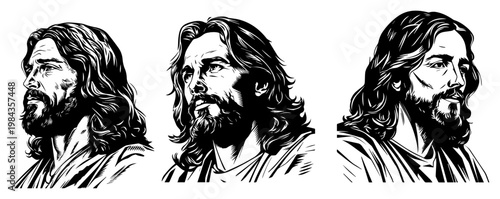 Jesus Christ portraits set vector illustration, Hand drawn religious profiles of savior with long hair and beard, Vintage biblical icons collection