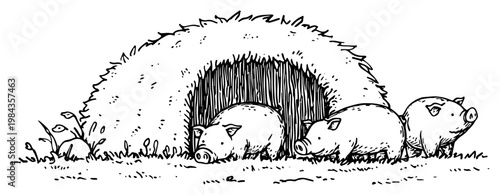 Three little pigs and straw house vector illustration, Hand drawn fairytale characters with haystack, Vintage farm animal sketch