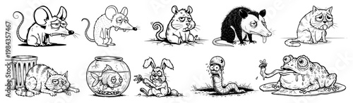 Sad and funny animal characters set vector illustration, Hand drawn cartoon pets and wild animals icons including mouse cat frog and fish, Humorous sketch collection