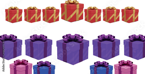 3D gift box illustrations with glossy ribbons colorful present collection for festive celebrations holiday packaging and luxury design themes